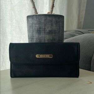 Michael Kors Black Leather Foldover Wallet with Gold Plaque